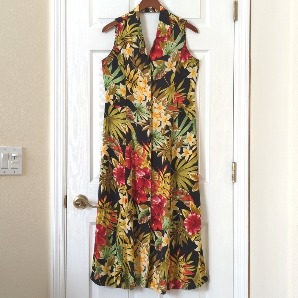 White Stag Y2K Vintage Tropical Floral Sleeveless Button Front Midi Shift Dress